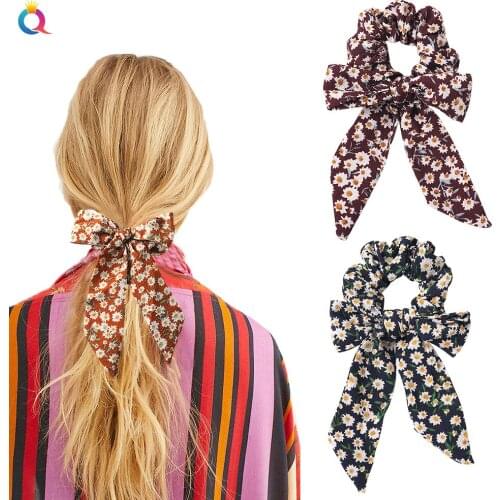 New Summer Floral Printing Bandanas Headband Elastic Hair Ribbon for Girls Handmade Daisy Flower Turban Hair Bow Band Wholesale