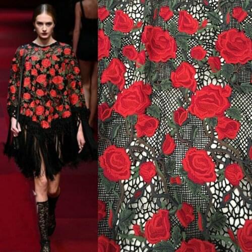 2019 new red flower print sequins mesh clothing fabric spring and summer dress handmade DIY polyester fashion cloth