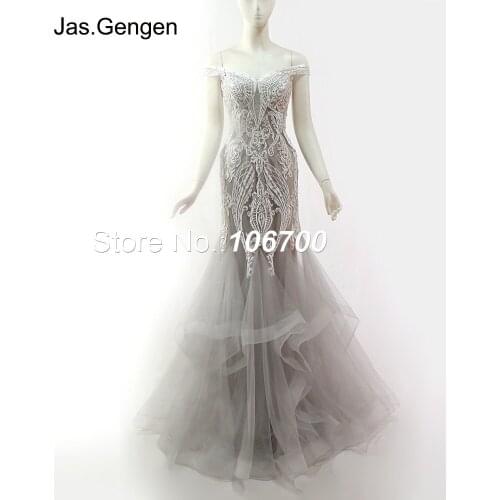 Real Photos robe de soiree Formal Evening Dress Mermaid Off Shoulder Embroidery Lace Beaded Sheer Illusion Long Bridal Prom Gown