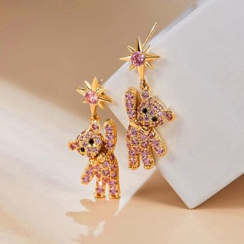 Luxury Female Crystal Stone Drop Earring Cute Sterling Silver Gold Wedding Earrings For Women Dainty Star Bear Dangle Earring