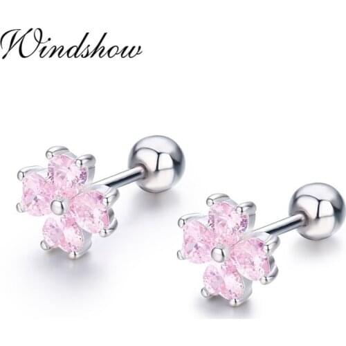 Cute 925 Sterling Silver Four Petals Heart Pink CZ Flower Screw Stud Earrings For Women Girls Toddlers Kids Jewelry Aros Aretes