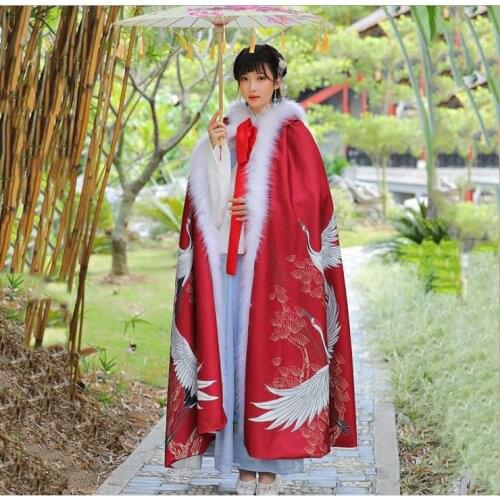 Cape with cap Autumn and winterwomens long hooded Chinese Hanfu Cape crane printing Plush warm long wool tassel Cape