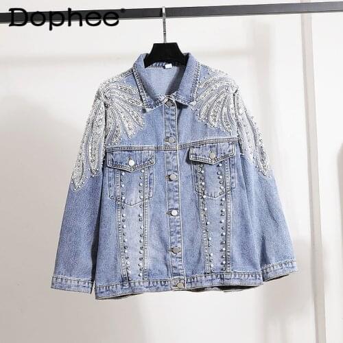 StreetWear Loose Jean Jacket Women Denim Jackets Autumn 2021 New Fashion Heavy Beads Diamond Embroidered Flower Female Coats Top