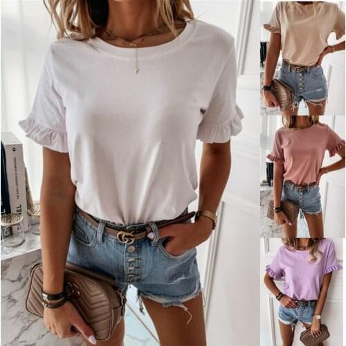 Women T Shirt Short Sleeve Solid Color T-shirt Casual Round Neck Pullover Tops Summer Top Office Lady Tee Shirt