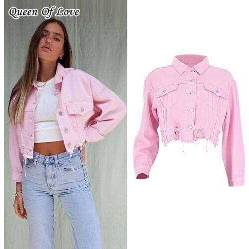 2021 New Fashion Elegant Womens Ripped Hole Casual Loose Denim Jacket Female Vintage High Waist Short Pink Jean Jacket