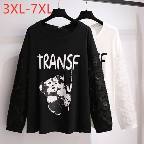 New Spring Autumn Plus Size Tops For Women Large Loose Pullover Long sleeve Black White Print Cotton T-shirt 7XL