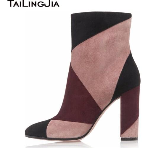 Women High Heel Ankle Boots 2018 Fashion Patchwork Round Toe Chunky Heel Booties For Ladies Zipper Winter Shoes Size EU 34-46