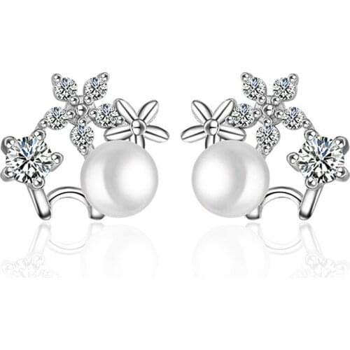 S925 Silver Earring Pearl Flower Snowflake Stud Earring For Women Wedding Gift Lady Girl Fashion Zircon Jewelry