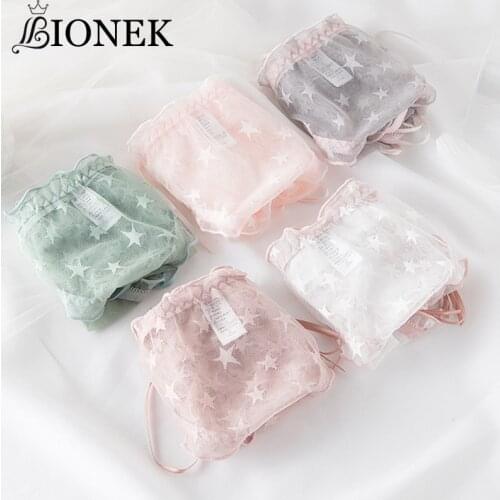 BIONEK Woman Panties Sexy Lingerie Mesh Stars Girls Underwear Ribbon Bow Transparent Female Underpants Lace Briefs Cute