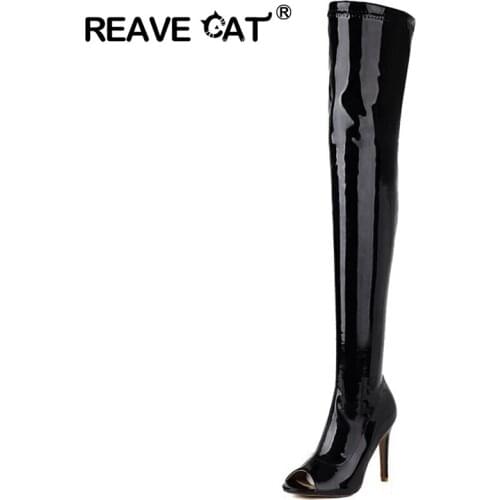 Reave Cat Sexy Women Luxury Party Over Knee High Boots Patent Leather Zipper Peep Toe 12cm Stileeto Heel Plus Size 46 S2465