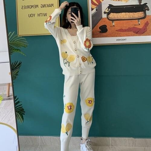 Women Knitted Tracksuit Outfits Manual Flower Embroidery V-neck Long sleeve Knit Cardigan +Pencil Pants Loose Casual Female Sets