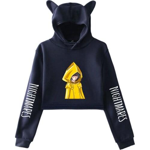 Little Nightmares Kawaii Cat Cropped Hoodie Female Sweatshirt Casual Crop Top Women Cat Ear Girls Tops Harajuku Streetwear Tops