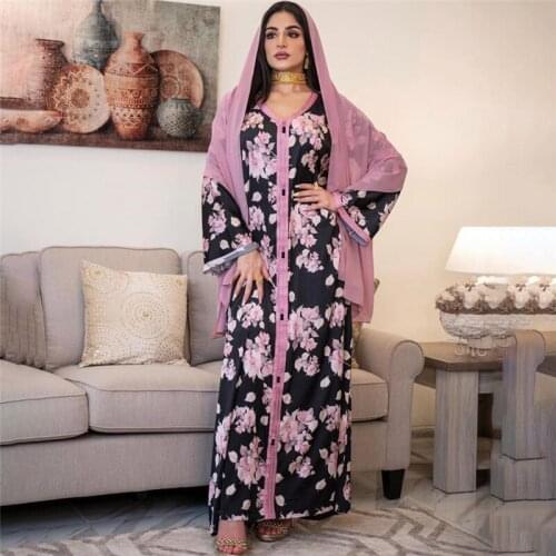 Womens Long Muslim Dress Kimono Dubai Abaya Floral Print Boho Kaftan Malaysia Elegant Gown 2021 Eid Djellaba Marocaine F2852