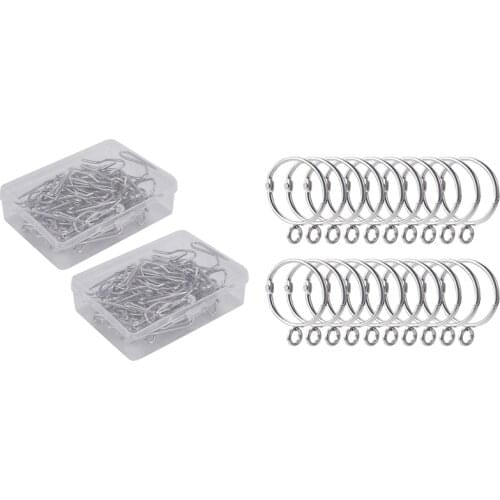 100 Pcs Metal Curtain Hooks Drapery Hook Pins with Clear Box & 20 Pcs Openable Silver Curtain Rings