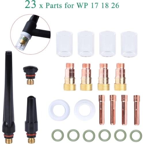 23Pcs TIG Welding Torch Stubby Gas Lens For WP17 WP18 WP26 TIG Back Cap Collet Bodies Spares Kit Pyrex Glass Cup Accessories