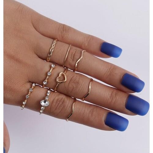 9 Pcs/Set Vintage Bohemian Heart Round Crystal Gold Knuckle Rings Set For Women Finger Rings Joint Jewelry Wedding 2020 New