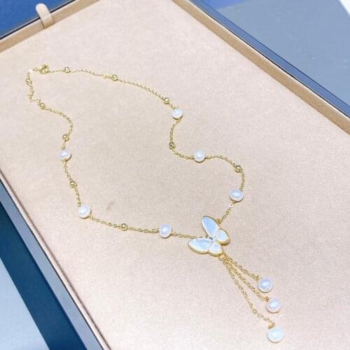 Shell Butterfly Charm Pendant Necklace 100% Handmade Natural Freshwater Pearl Long Chain