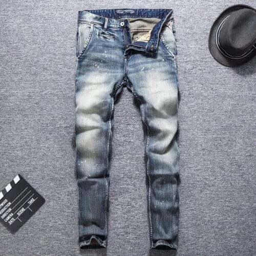 Newly Fashion Men Jeans High Quality Slim Fit Elastic Cotton Retro Painted Designer Jeans Men Italian Style Vintage Denim Pants