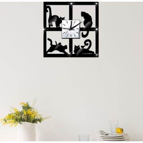 GZ033 cat mirror wall clock three-dimensional wall sticker clock childrens bedroom wall sticker living room cat slave sticker