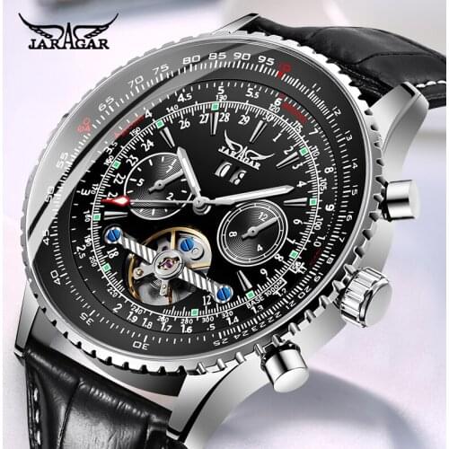 JARAGER New Design Clock Leather Strap Classic Black Male Wristwatch Automatic Mechanical Male Watches relogio masculino