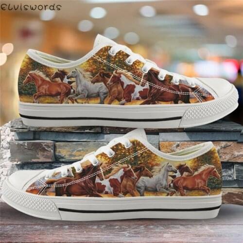 ELVISWORDS Classic Low Top Shoes Crazy Horses Print Women Canvas Vulcanize Shoes 3D Animal Sneakers for Youth Girl Comfort Flats