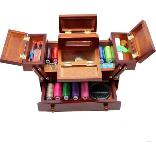 Natural wood sewing box Polyester Sewing thread Needlework Knitting Patch Organizer Storage box sewing case with accessories