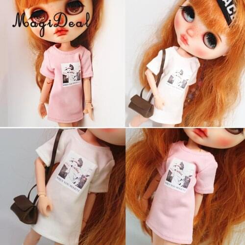 Cute Girl Doll Printing Long T-Shirt Short Sleeve for 1/6 Blythe Doll Dress Up Accessory