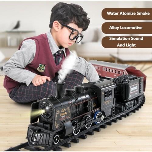 Simulation Steam Train Alloy Locomotive Scenario Analogy Water Atomize Smoke Railway Compartment Combine Sound Light Model Toys
