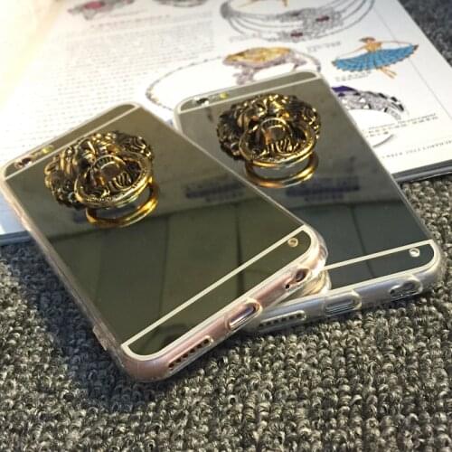 For Samsung S6 S7 S8 S9 S10 S20 PLUS S10E Note 8 9 10 20 Fashion Soft Mirror Back Cover Retro Lion head hoop Finger ring Case