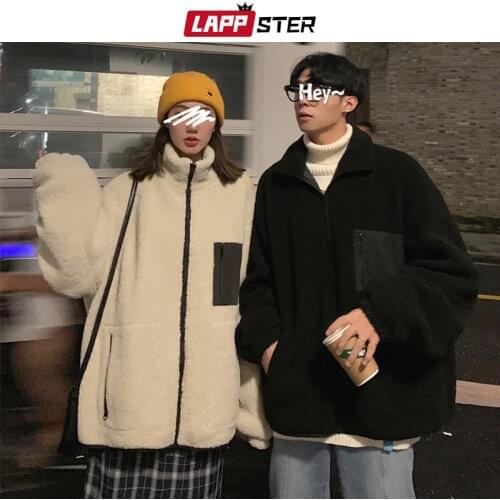 LAPPSTER Men Lambswool Winter Bomber Jacket 2020 Mens Korean Fashions Windbreaker Couple Harajuku Casual Patchwrok Jackets Coats