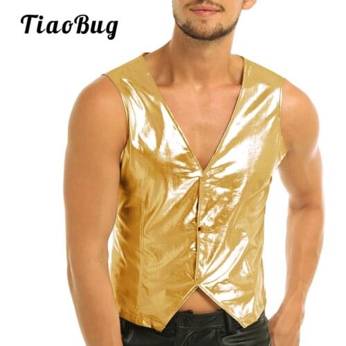 Mens Shiny Metallic PVC Leather Black Costume Vest Top Sleeveless Rappers MC Party Dance Tops