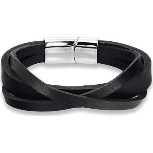 New 2019 Fashion Stainless Steel Chain Genuine Multi-layer Leather Bracelet Men 21.00cm Vintage Simple Male Braid Jewelry Women