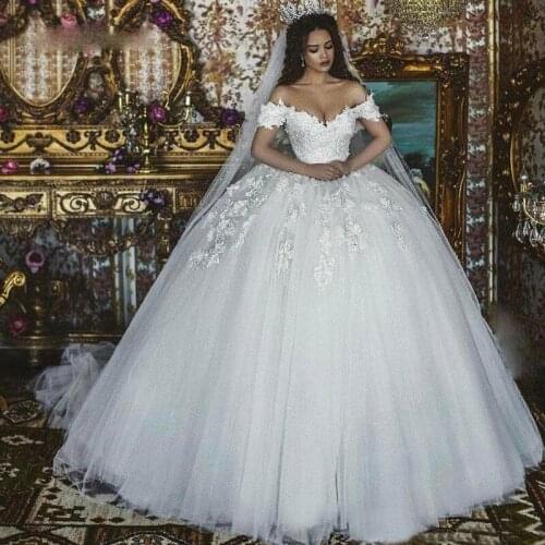 2020 New Arrivals Appliques Tulle Wedding Dresses Off The Shoulder Ball Gown Lace Long Bridal Dress Party Prom vestido de noiva