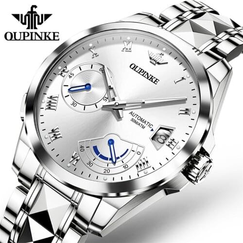 New OUPINKE Automatic Mechanical Mens Watch Luxury Waterproof Sapphire Tungsten Steel Male Watch Calendar Luminous Reloj Hombre
