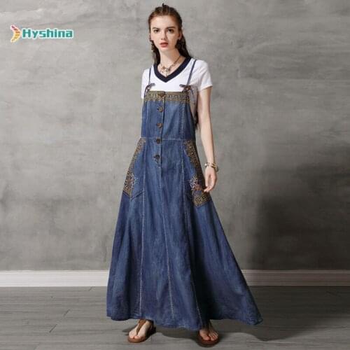 Original Womens Dress New Denim Suspender Long Skirt Retro Embroidery Loose Dress