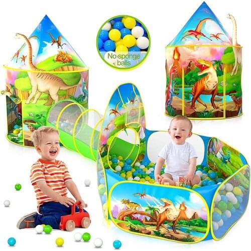 Portable 3 In 1 Kids Play Tent Dinosaur Playhouse Tunnel Ball pit with Ball Hoop for children Boys Girls Toy Tent Outdoor&Indoor