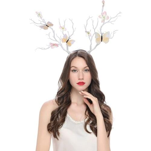 Tree Branches Antlers Headbands Forest Witches Hair Bands with Flowers Butterflies for Holiday Party Christmas Xmas New Years