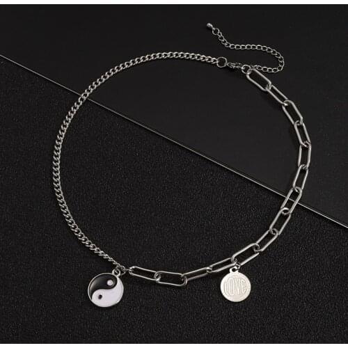 Origin Summer Stainless Steel Asymmetric Tai Chi Pisces Letter Pendant Necklace for Women Fashion Cuban Chain Necklace Jewelry