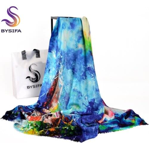 [BYSIFA] Women Winter Wool Scarves Pashmina New Castle 100% Pure Wool Blue Scarf Shawl Fashion Soft Tassel Long Scarves 180*70cm