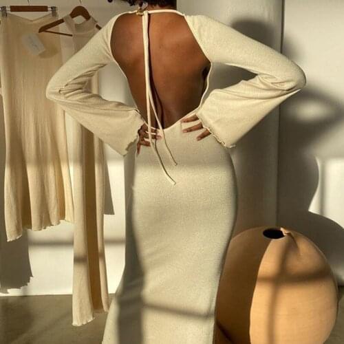Knitted Long Sleeve Dress Bodycon Backless Sexy Flare Sleeve Dresses 2021 Autumn Solid Fashion O-neck Casual Party Women Dress