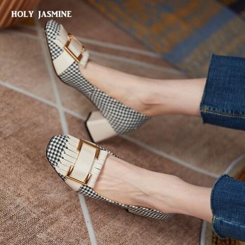 Fashion Women Lattice Cloth Pumps Sexy Square Toe Round Heels Slip on Office Career Shoes Handmade for Ladies 2021 High Heels