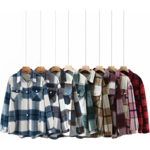 Streetwear women woolen thick shirts 2020 autumn fashion ladies plaid shirt female chic oversize top casual girls blouses