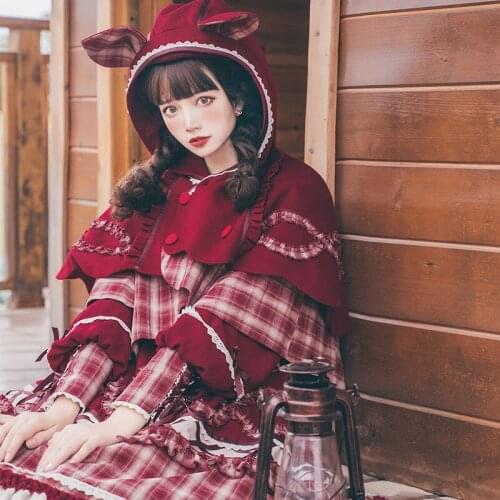 Vintage Lolita Red Op Long Sleeve Dress Lovely Renaissance Cos Kawaii Victoriano Dresses Hooded Cloak Japanese Anime Cute Girls