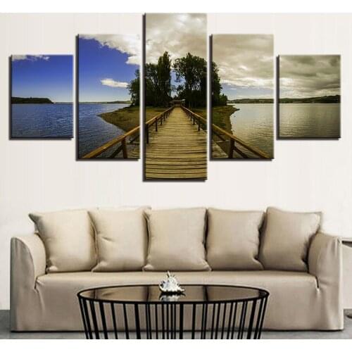 Wall Art HD Printed 5 Pieces Wooden Bridge Green Trees Blue Sky And Sea Scenery Modular Canvas Pictures Artworks Decor Paintings