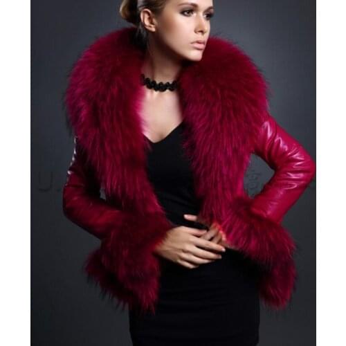 Indie Coat Jackets Red Black Raccoon Fur Collar Imitation Fur Pu Fur Short Slim Fit Coat Sheep Skin Leather Jacket Women 2021