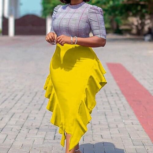 Office Dresses For Ladies 2021 Formal Classy Patchwork Ruffles High Waist Bodycon Elegant Business Work Wear Cloth Dress Midi ol