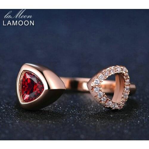 LAMOON Unique Hollow 6mm Triangle Natural Garnet S925 Ring 925 Sterling Silver Rose Gold Color Fine Jewelry For Women LMRI018
