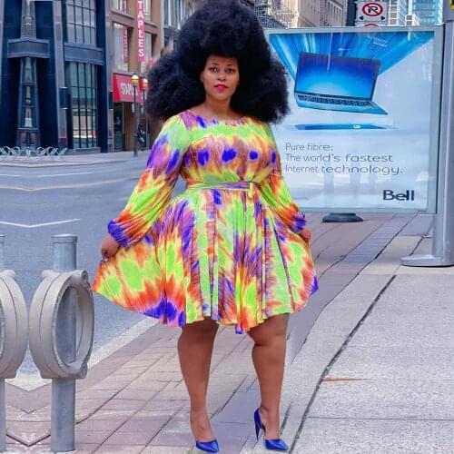 Women Summer Dress Plus Size Tie Dye Printed Female O-Neck Long Sleeve Boho Casual Dress Ladies Elegant Clothes