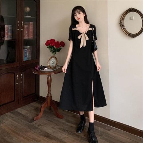 Summer 2021 New Girl Style Retro Bow Neckline Thin Split Fashion Trend Fairy Dress