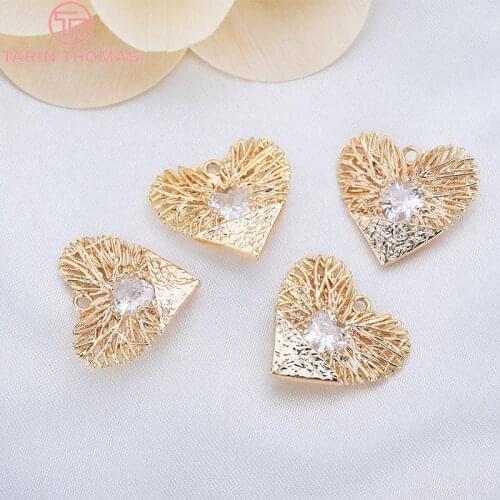 4PCS 17x19MM 24K Champagne Gold Color Plated Brass with Zircon Heart Charms Pendants High Quality Diy Jewelry Accessories